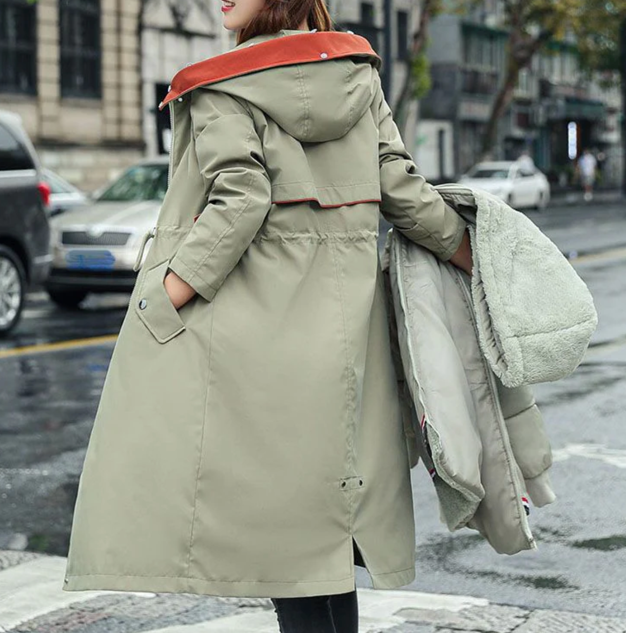 Parka informal con cuello de piel y capucha de invierno para mujer